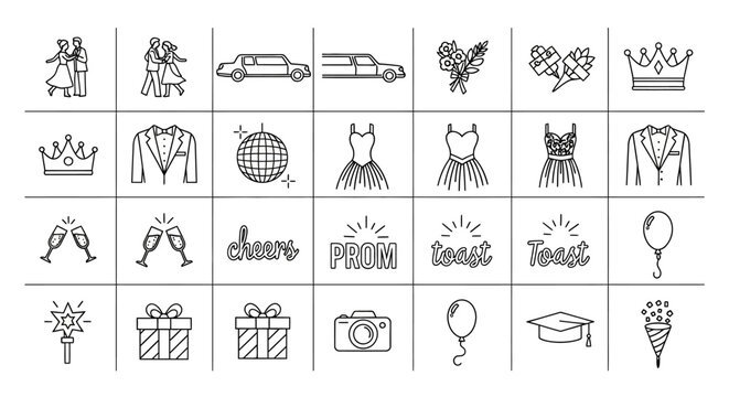 Prom night icons collection dancing couple dresses limousine and accessories