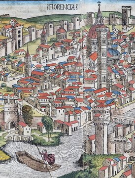 Old town of Florence or Florencia with river Arno, Florence Cathedral or Duomo di Firenze, colored woodcut from: Nuremberg Chronicle or Schedel World Chronicle, Hartmann Schedel 1493