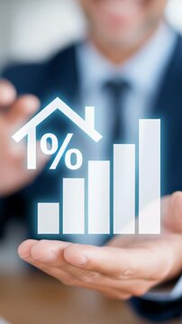 Financial advisor or real estate agent holds a holographic interface showing a bar chart with an increasing interest rate percentage