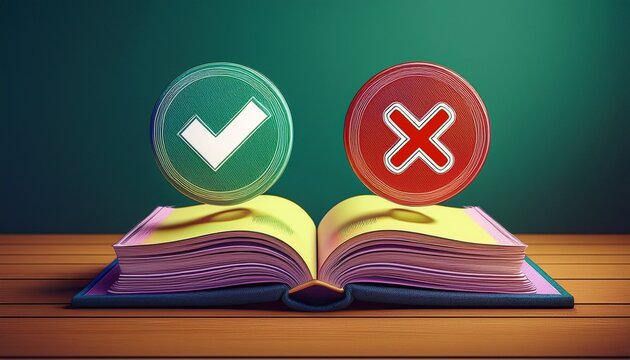 book with approval and rejection symbols