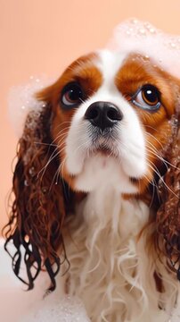 Cute Cavalier King Charles Spaniel puppy enjoying a relaxing foam bath. The clean and wet dog looks up as a soap bubble gently floats by