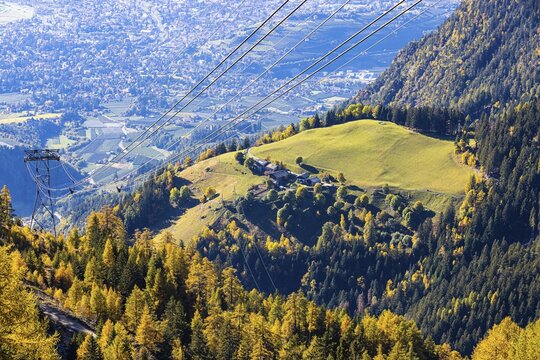 Traction and carrying cable of the Merano 2000 mountain railway, near the summit station, below the spa town of Merano, South Tyrol, Italy