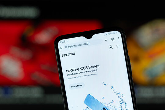 Dhaka, Bangladesh - 05 May 2026: Close-up of Realme's homepage on a smartphone.