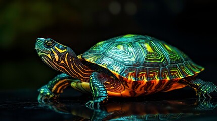 Obraz premium A vibrant turtle relaxes on a dark surface, highlighting its intricate shell patterns in warm light