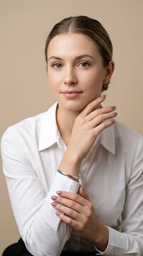 Young woman in white shirt with hand on chin, against beige background
