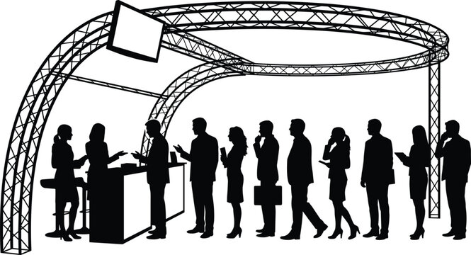 People silhouettes waiting in line at exhibition booth counter with metal truss structure and display screen vector