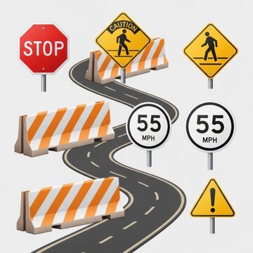 Winding road with traffic signs and safety barriers
