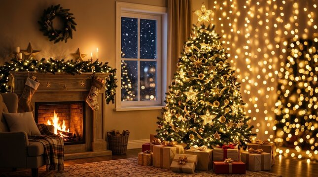 Cozy Christmas Scene with Tree Light and Festive Decorations