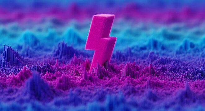 Neon lightning bolt icon on textured purple and blue terrain with lightning abstract electric artistic background