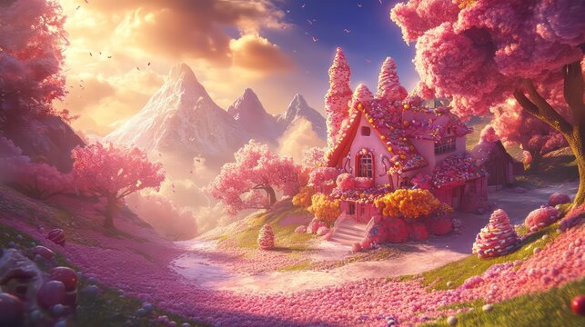 A vibrant world of pink ice cream mountains, candy trees, and a delicate house crowned with sweet toppings, basking in the warm sunlight