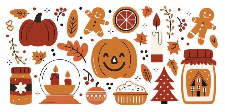 Autumn themed Vector Illustration With Pumpkins Gingerbread And Fall Foliage