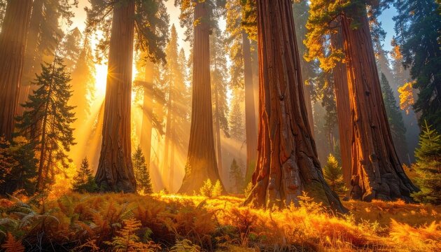 Majestic giant sequoia trees bathed in golden sunlight filtering through a misty forest.