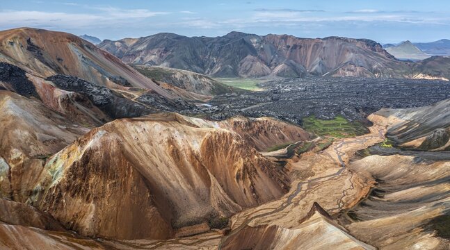 Aerial view, Landscape panorama, Dramatic volcanic landscape, Colourful erosion landscape with mountains, Lava field, Landmannalaugar, Fjallabak Nature Reserve, Su&eth;urland, Iceland