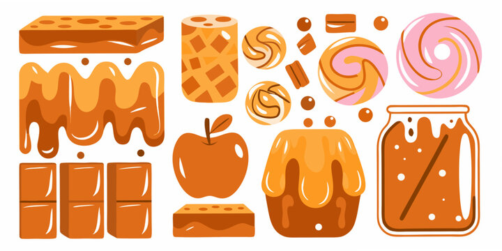 Caramel Candies And Apple A Colorful Vector Illustration