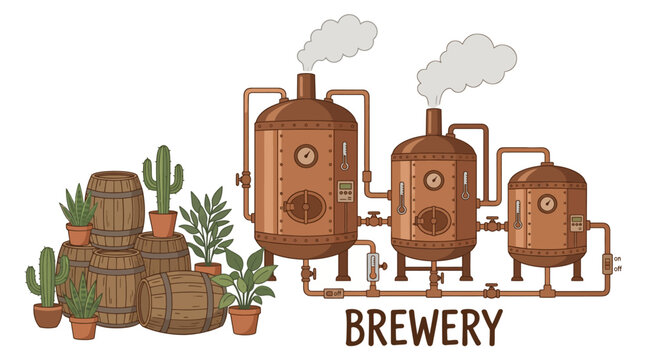 Illustration of a brewery setup with copper equipment and potted plants on a white background