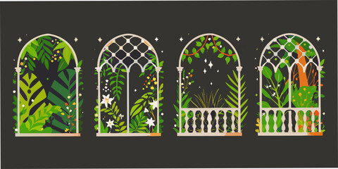 Greenhouse Garden Windows Vector Illustration With Foliage And Architectural Details © Tapan