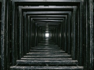 Fototapeta premium POV view through dark geometric endless tunnel towards blinking light.