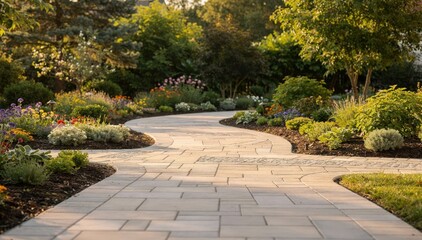 Fototapeta premium Wide paver pathway showcasing even accessible design winding through a vibrant backyard with soft background greenery.
