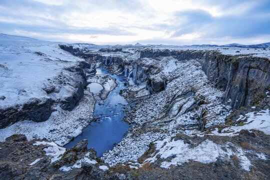 Hrauneyjarfoss waterfalls, onset of winter, Sudurland, Iceland