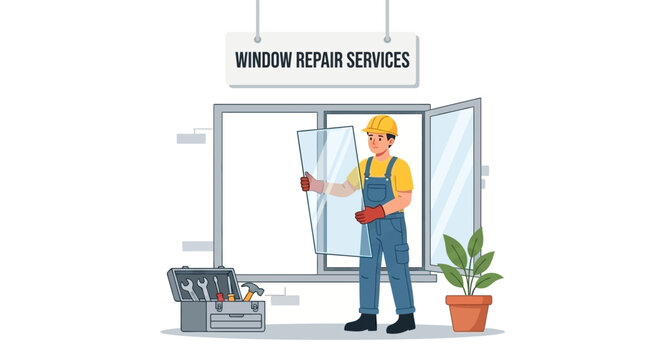 Illustration of a worker in overalls repairing a window with tools and a potted plant nearby