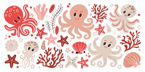 Coral reef illustration with octopuses starfish and seashells © Tapan