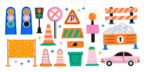 Parking Signs And Traffic Cones Colorful Vector Illustration © Tapan