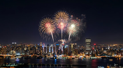 Naklejka premium Colorful fireworks display over city skyline at night