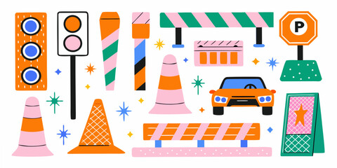 Parking Signs And Traffic Cones Colorful Vector Illustration © Tapan
