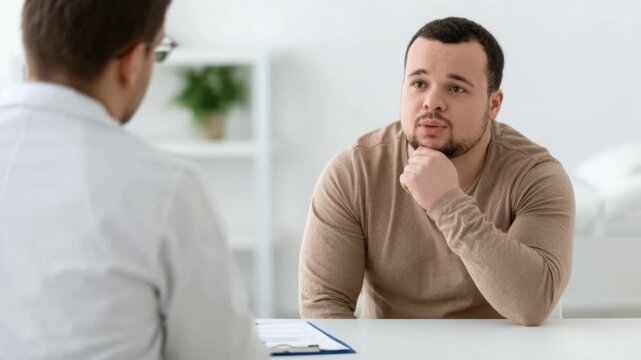 Thoughtful young man engaging in a serious conversation with a professional in a bright modern office environment during consultation or counseling session