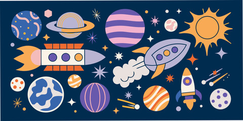 Naklejka premium Planets rockets and sun in a colorful vector illustration