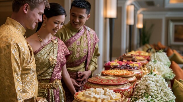 Couple in formal cultural attire standing beside a ceremonial tray display, Khmer-inspired motifs, and fresh jasmine garlands, while sleek lighting and clean lines hint at modern wedding influences