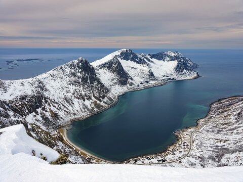View over headland with Husafjellet and the Steinfjord, Senja Island, Troms, Norway