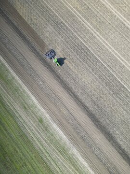 Field work, tractor, ploughing, cultivating, sowing peas, fertilising, agricultural work, harvesting, grain, field work with tractors, harvest festival, aerial view, agricultural machine, Saxony-Anhalt, Germany