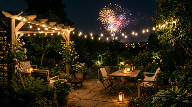 Cozy garden patio at night with fireworks in the sky