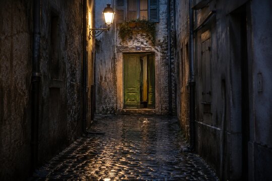 Narrow European alley at dusk ending at ajar green door.