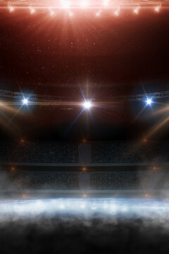 Red background. Vertical. Stage podium with red spotlights, smoke, and glitter on a dark background. Theatrical performance and awards ceremony concept. Sports backdrop