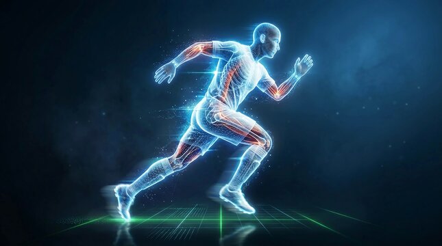 Holographic digital avatar of a running athlete, showcasing glowing musculoskeletal system with athletic stride on dark background