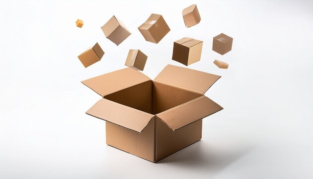 an open cardboard box with floating pieces on a plain white background shot