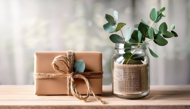 rustic gift box with eucalyptus plant in burlap jar