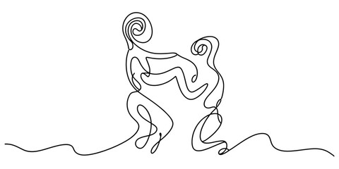 Obraz premium Continuous single line drawing of two people hugging and dancing isolated on a white background Vector, illustration