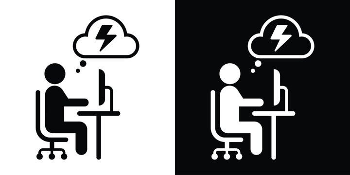 Businessman working on a desktop computer under a storm cloud, symbolizing high work pressure or a breakthrough idea.