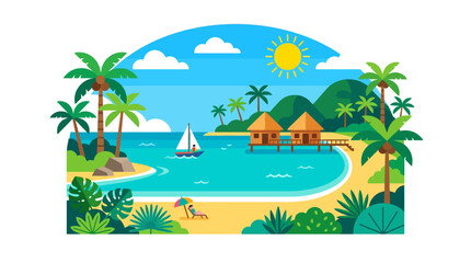 Obraz premium Tropical Island Paradise: Beach Huts, Palm Trees, Sailboat, Sunny Day