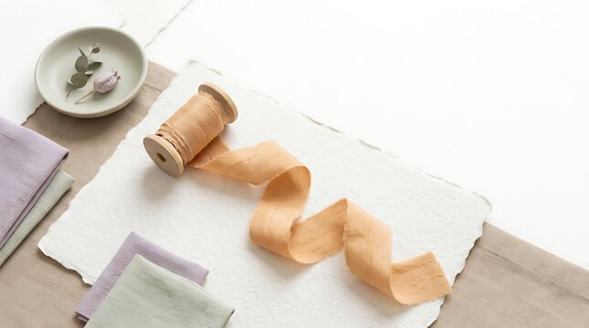 Peach silk ribbon on a spool with handmade cotton paper and linen napkins
