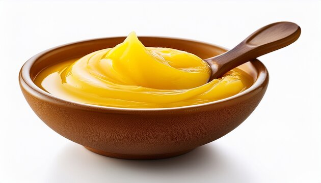 delicious ghee in a bowl with spoon isolated on white background