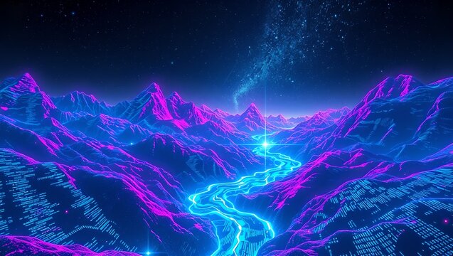 Futuristic holographic data stream landscape with glowing neon grid mountains and binary code river. Abstract digital technology background