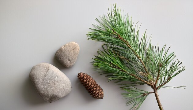 minimalist flat lay with pine branch and stone