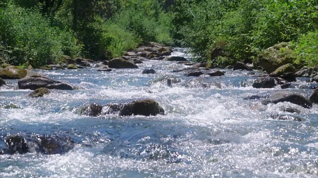 Fresh water of mountain river flowing in summer. Ariege Pyrenees France

