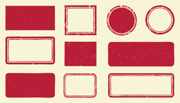 Set of various grunge rubber stamp frames and banners, empty distressed ink seals, rectangular and circular shapes for design elements, vintage textured borders for labels and badges