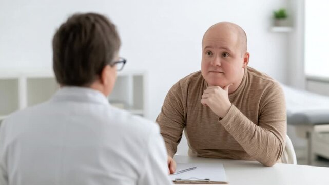 Patient consulting with doctor in medical office for health advice during appointment sitting at desk in conversation