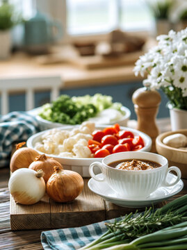 Fresh Onions Garlic and Herbs Rustic Kitchen Still Life. AI generative.